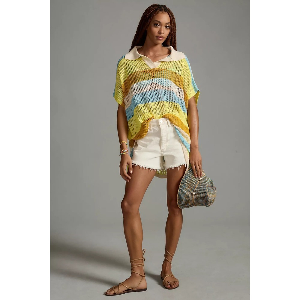 Maeve Anthropologie NWT Stripe‎ Crochet Kaftan Polo Dress Cover-Up One Size